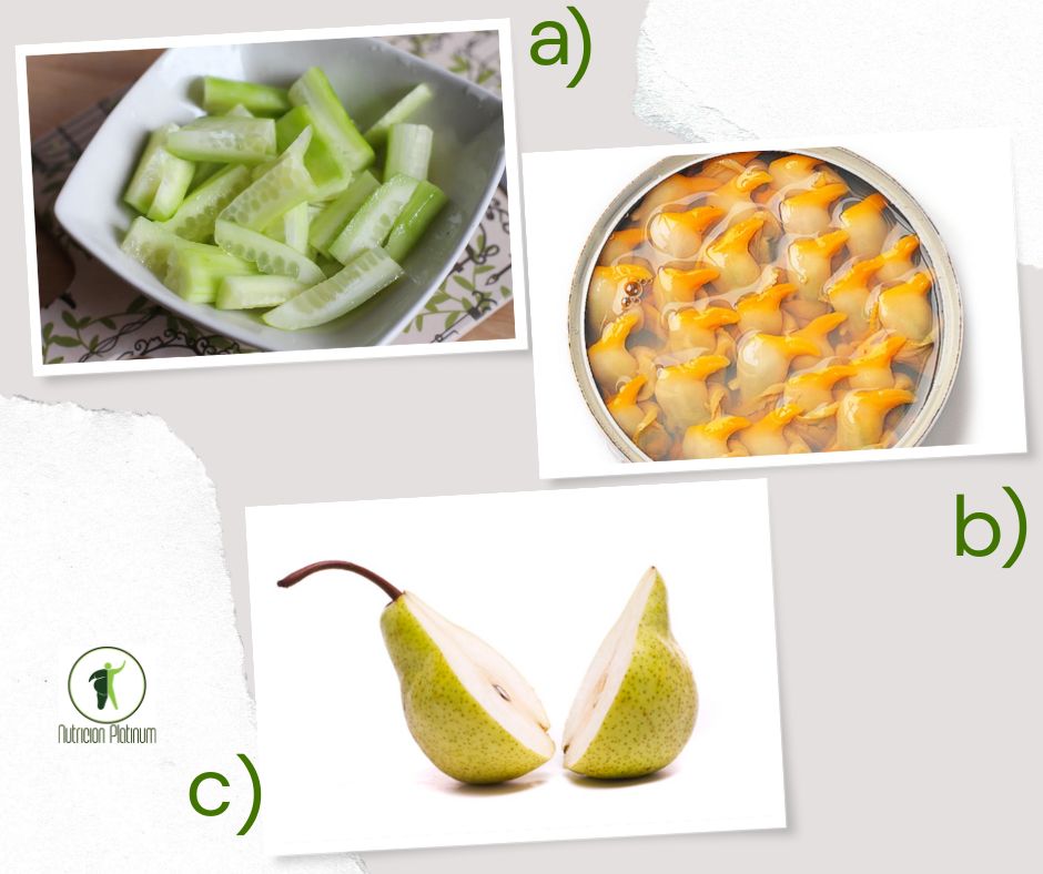 Ensalada de pepino con berberechos en conserva y 1 pera tamaño de puño.